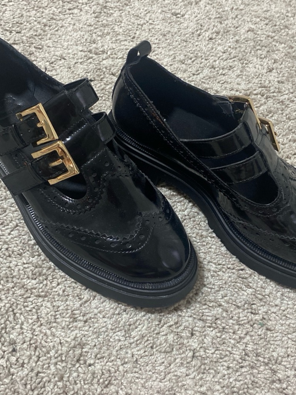 ASOS Black Patent Mary Jane Loafers with Gold Buckles